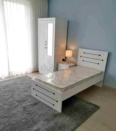 Single white bedroom set: bed, nightstand and wardrobe - good condition