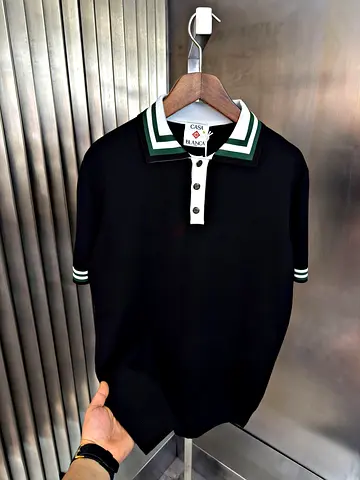Black Polo Shirt with Green-Trim Collar - Casa Blanca