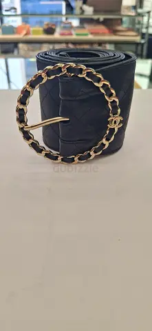 Black Quilted Leather Belt with Gold Chain Buckle
