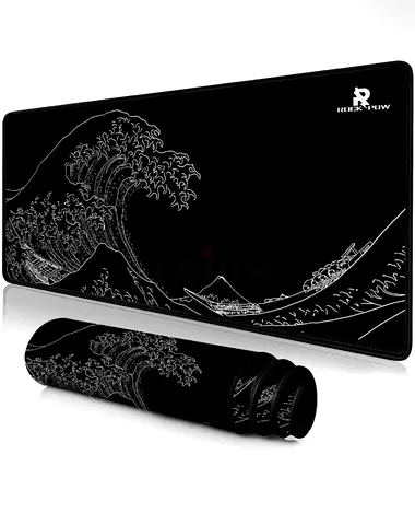 Large Black Gaming Desk Mat with Wave Artwork - Extended Mouse Pad