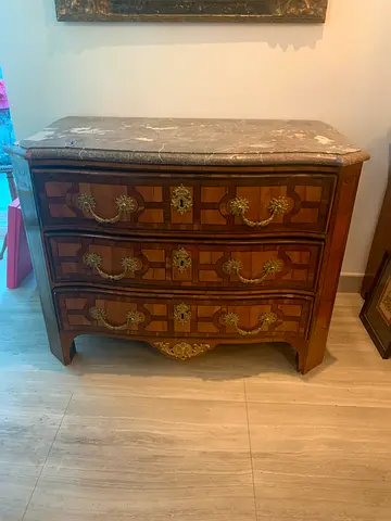 Antique 18 th century french wooden 3-drawer chest / dresser with brass handles