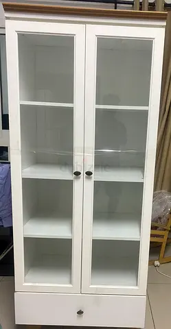 White Glass-Door Display Cabinet with Drawer — Good Condition