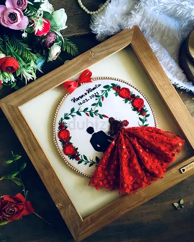Handmade Framed 3D Embroidered Couple Portrait with Red Fabric Dress can be customised