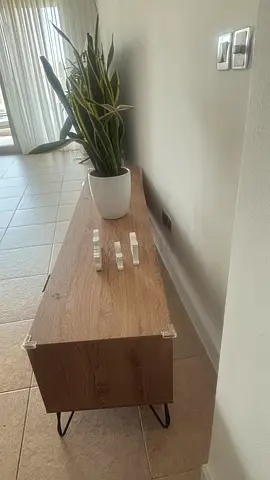 Low wooden TV console / media unit with hairpin legs - light oak finish