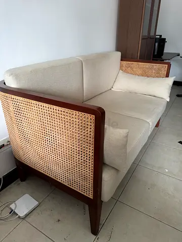 Going cheap for studio moving out, 2-Seater Rattan Side Sofa with Wooden Frame - Light Beige