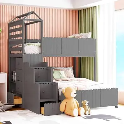Grey Wooden House-Style Bunk Bed with Stair Storage (Twin over Full)