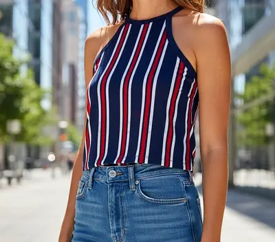 Striped Navy Halter Crop Top Size Small Preloved