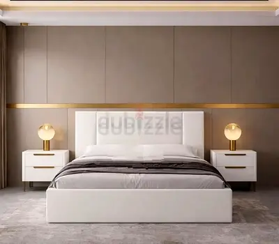 White modern upholstered queen bed with ledge headboard