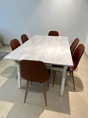 Modern Chic White  Gray Stone Look Extendable Dining Set – 6 Brown Upholstered Chairs