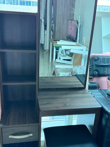 Wooden Dressing Table with Mirror and Stool - Dark Walnut Finish cabinets and bed set.