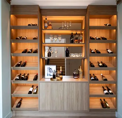 Custom Built-in Wooden Wine Rack  Bar Display Unit with LED Lighting