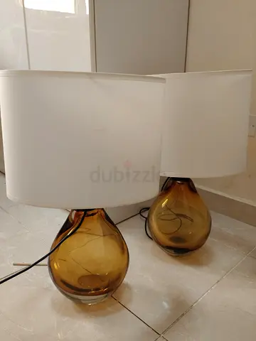 Pair of Amber Glass Table Lamps with White Shades
