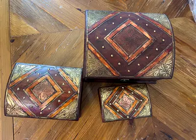 Set of 3 Vintage style Decorative Wooden Boxes with Brass Inlay - jewellery organiser
