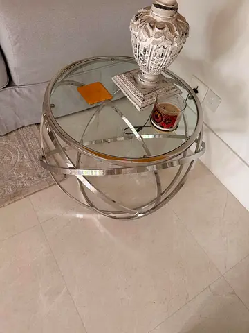 Round Glass Top Side Table with Chrome Orbital Base  2 Matching Side Tables