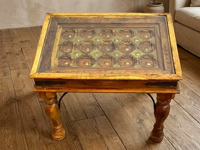 Solid Sheesham Wood Side Table with Brass Art Finish