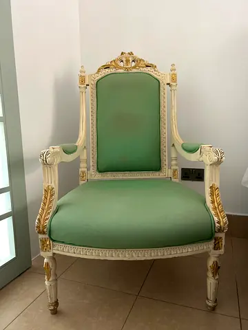 Antique-Style Carved Wooden Armchair with Green Upholstery