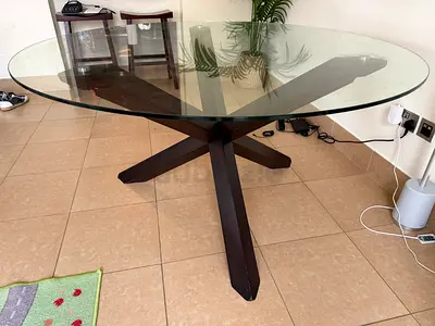 Marina Round Glass Dining Table with Dark Wood Star Base - 4 Seater