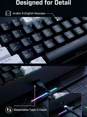 Wireless Mechanical Gaming Keyboard with Arabic  English Keycaps (Detachable Type-C) - RGB