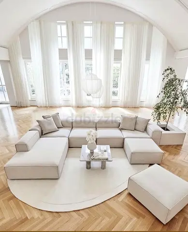 Modular Beige Sectional Sofa with Ottoman