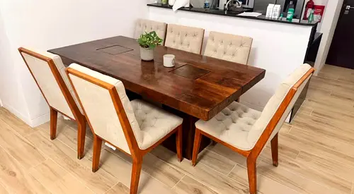 Solid walnut 6 seater dining table + chairs from US luxury store Arhaus