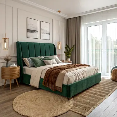 Green Velvet King Bed Frame with Upholstered Headboard - Excellent Condition