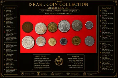 Collection of Vintage Israeli Coins (10, 50, 100, 250 Agorot) Unique Old Israel Coins Collection for