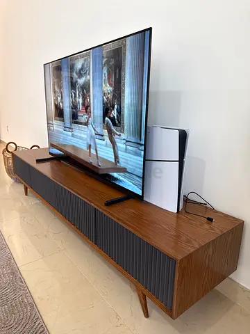 Modern TV Console with 4 Storage Drawers – Fluted Grey Front  Brown Wood Finish