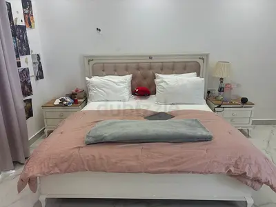 Queen Size Tufted Headboard Bed with Matching Nightstands - Light Beige/White