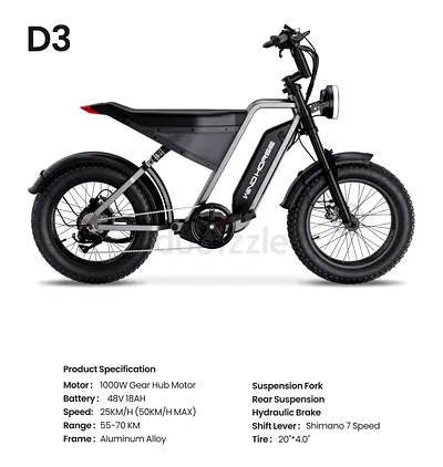 Brand New Electric Fat-Tire Commuter Bike D3 —1000W, 48V 18Ah, 55-70km Range - Cash on Delivery