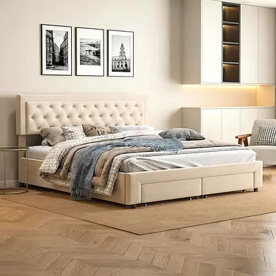 Deep tufted headboard super king size 2 front drawers