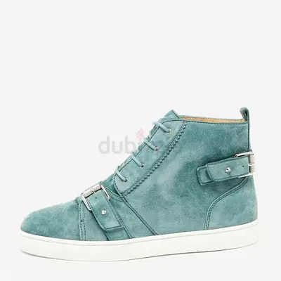 Authentic Christian Louboutin Teal Suede Nono Strap Belted Buckle Logo Hi-Top Sneakers Size 43.5