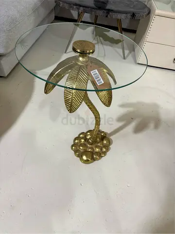 Luxury Gold Palm Tree Base Glass Top, Side-table