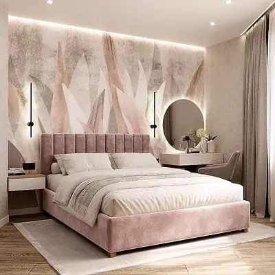 Velvet Upholstered Double Bed with Headboard - Pink Blush