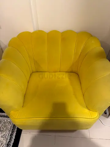 Yellow Velvet Accent Armchair — Shell Design, Good Condition