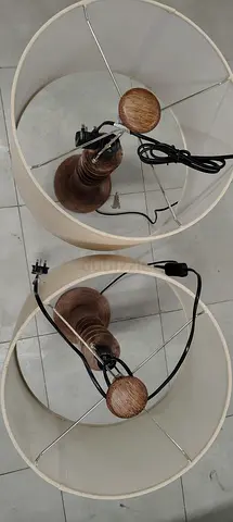 Pair of Wooden Table Lamps with Cream Fabric Shades - Used