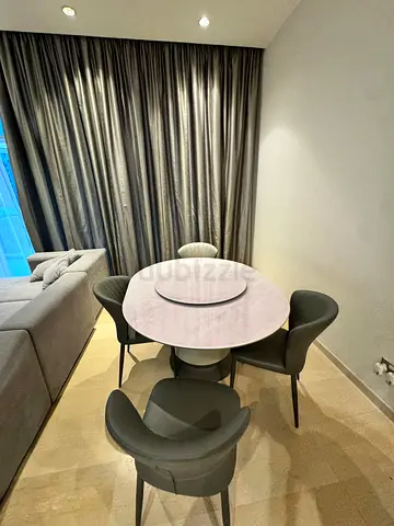 Round Marble Dining Table with 6 Upholstered Chairs (Compact Set)