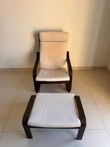 IKEA Wooden Armchair with Ottoman - Light Fabric Cushions, Good Condition