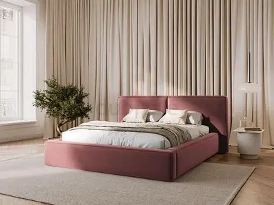 Upholstered Platform Bed with Padded Headboard - Pink