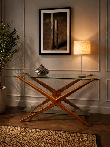 THE ONE Solid Wood X-Base Double Glass Console Table - Modern Entry Hall Table