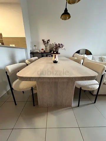 Solid wood dining table with 6 upholstered chairs - light oak finish