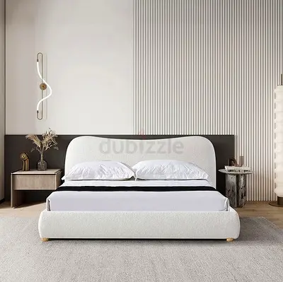 Modern Low-Profile Upholstered Queen Bed — White Bouclé Fabric