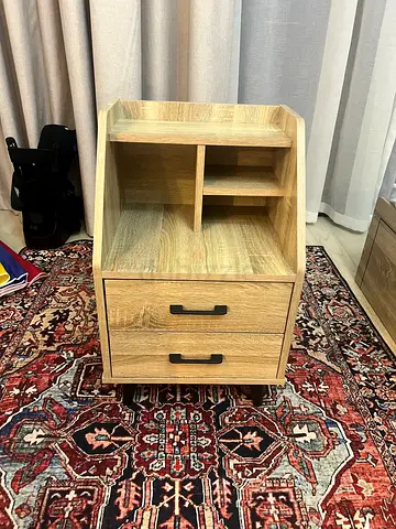 Oak-effect bedside cabinet with shelves and drawers