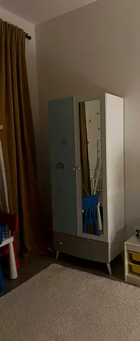Small white  blue baby wardrobe with mirror and drawer - good condition