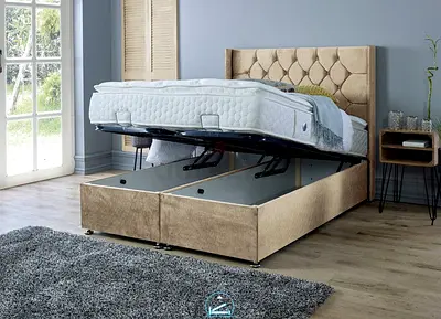 Deep button tufted beige velvet hydraulic king bed