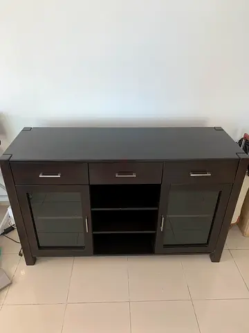 Dark Wood TV/Entertainment Console with Glass Doors and Storage