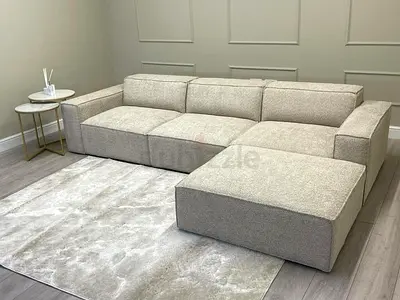 Large Modular L-Shaped Beige Fabric Sofa with Chaise — Good Condition