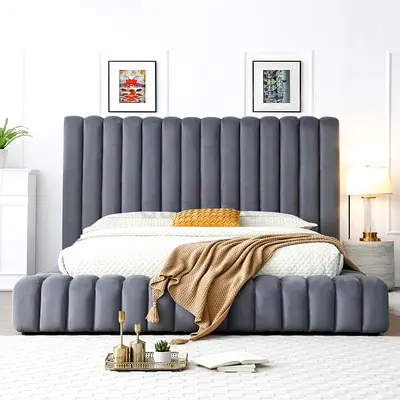 Grey Velvet Upholstered Bed with Tall Channel-Tufted Headboard