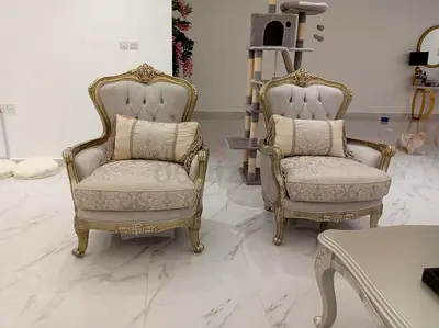 Classic sofa Upholstered Accent Chairs with Carved Wood Frames with coffee table and two tables