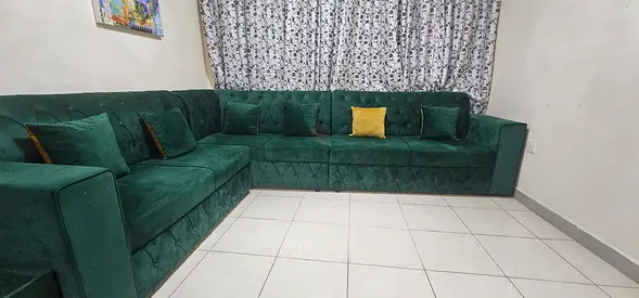 Green L-shaped Velvet Corner Sofa — Good Condition