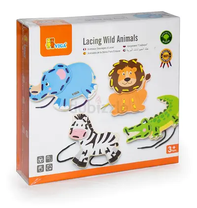 VIGA Lacing Wild Animals Wooden Sewing Toy - Set of 4 (Elephant, Lion, Zebra, Crocodile)